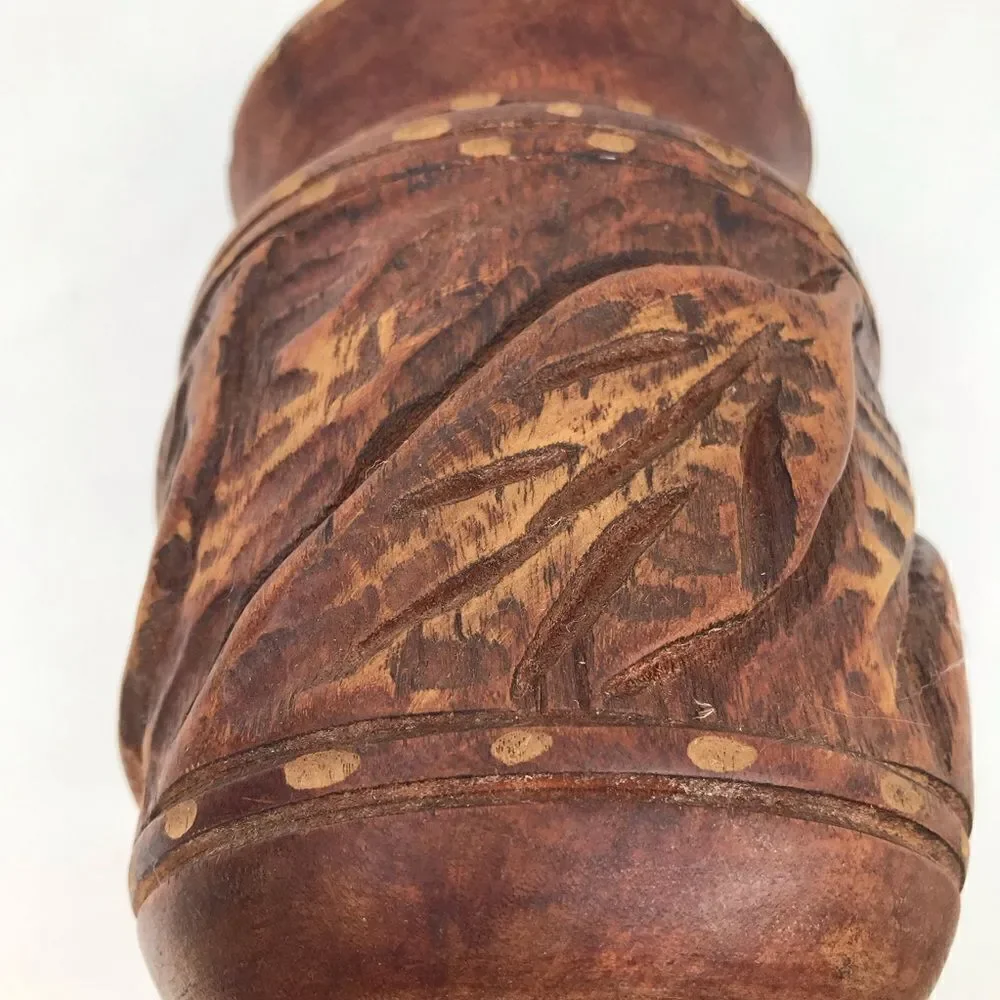 Wood Hand Carved Brown Turned Pedestal  Vase